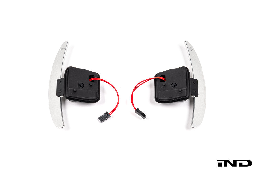 JQ Werks Madtrace BMW E9X E-Chassis Clubsport magnetic paddle shifter set carbon fiber and billet aluminum paddles magnetic mechanism white background