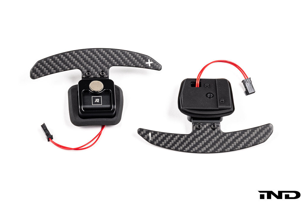 JQ Werks MadTrace BMW E-Chassis Clubsport magnetic shift paddle set with carbon fiber and billet aluminum, for interior upgrade.