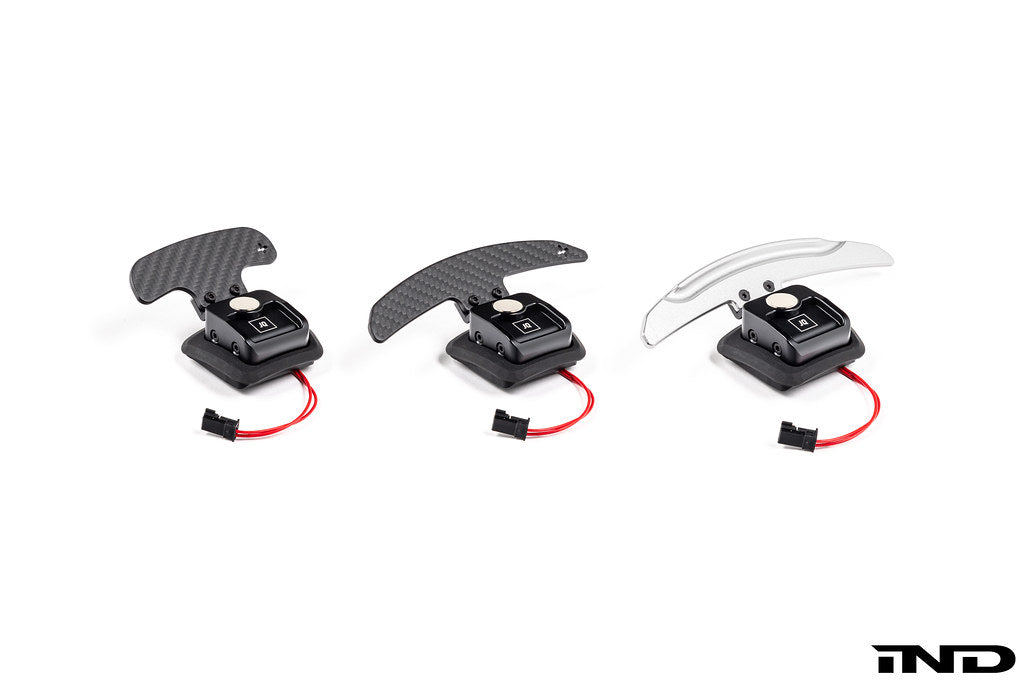 JQ Werks Madtrace BMW E9X E-Chassis Clubsport magnetic paddle shifter set carbon fiber and billet aluminum paddles magnetic mechanism white background