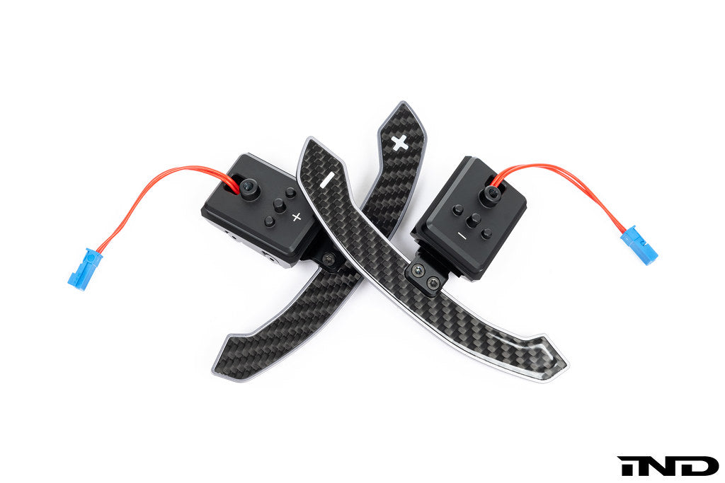 JQ Werks MadTrace BMW G-Chassis Clubsport Magnetic Shift Paddle Set in carbon V2 for interior driving enhancement.