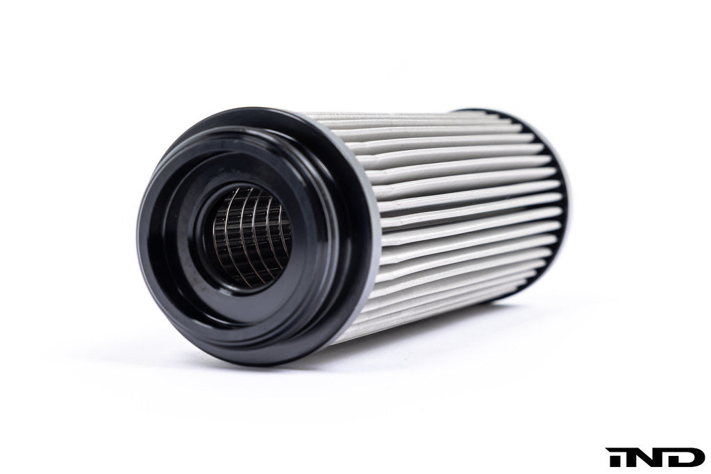 MMX Performance stainless steel oil filter for BMW B58 and B57 engines, high-flow design, showcased against a white background.