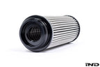 MMX Performance stainless steel oil filter for BMW B58 and B57 engines, high-flow design, showcased against a white background.