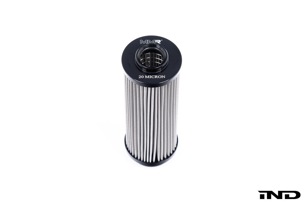 MMX Performance stainless steel oil filter for BMW B58 and B57 engines, high-flow design on white background