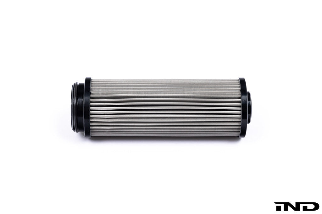MMX Performance stainless steel oil filter for BMW B58 and B57 engines, high-flow design on white background
