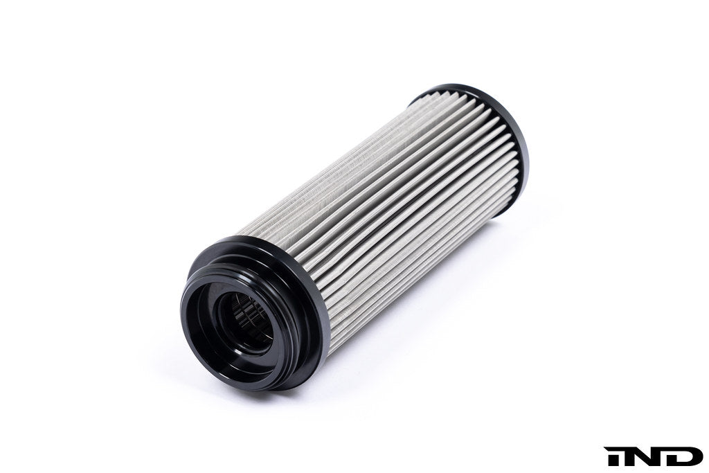 MMX Performance stainless steel oil filter for BMW B58/B57 engines, high-flow design, shown on white background.