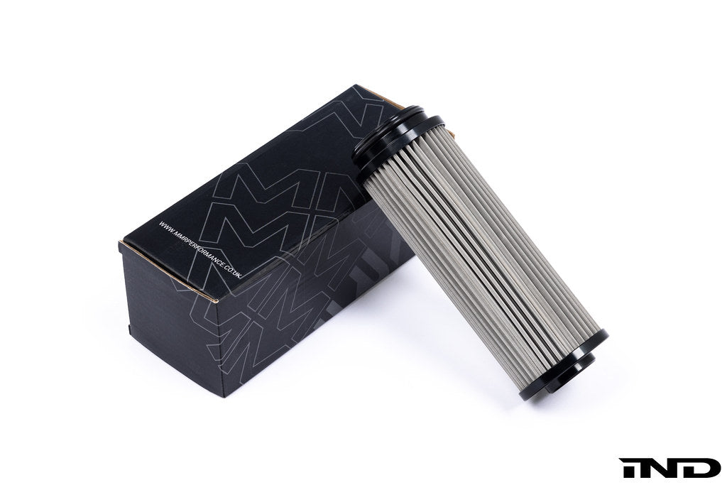 MMX Performance stainless steel oil filter for BMW B58 and B57 engines, high-flow design on a white background.