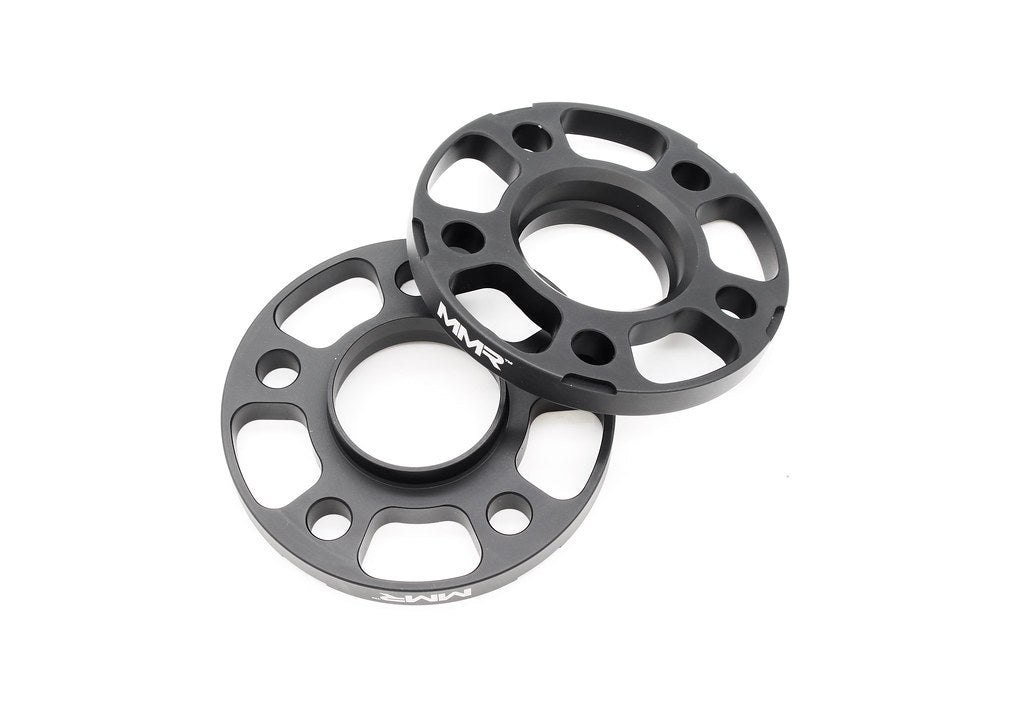 Black anodized MMX Performance BMW and Supra 5x112 wheel spacer kit with 12mm, 15mm, and 18mm spacers on wheels.