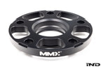 MMX Performance BMW and Supra 5x112 wheel spacer kit in black anodized finish with 12mm, 15mm, and 18mm spacers.