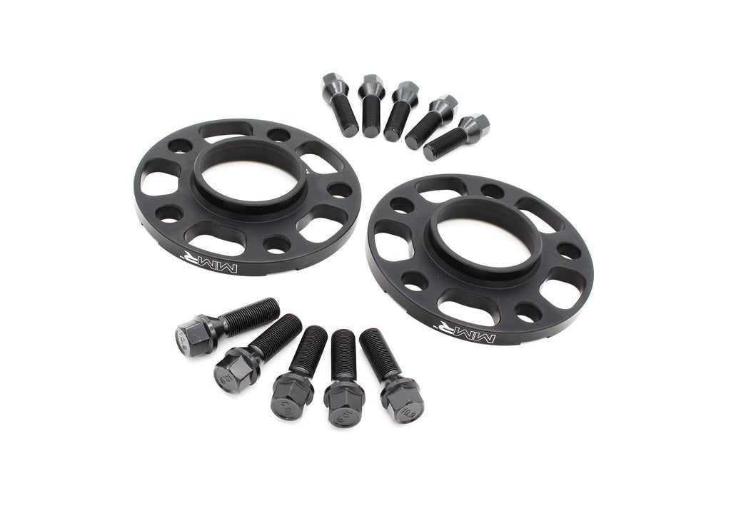 MMX Performance BMW and Supra 5x112 wheel spacer kit in black anodized finish, includes 12mm, 15mm, and 18mm spacers for wheels.