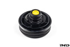 MMX Performance BMW billet coolant expansion cap in black anodized finish, designed for high-performance cooling systems.