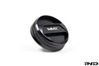 Black anodized MMX Performance BMW billet coolant expansion cap, 90mm, with white background, designed for high-performance cooling systems.