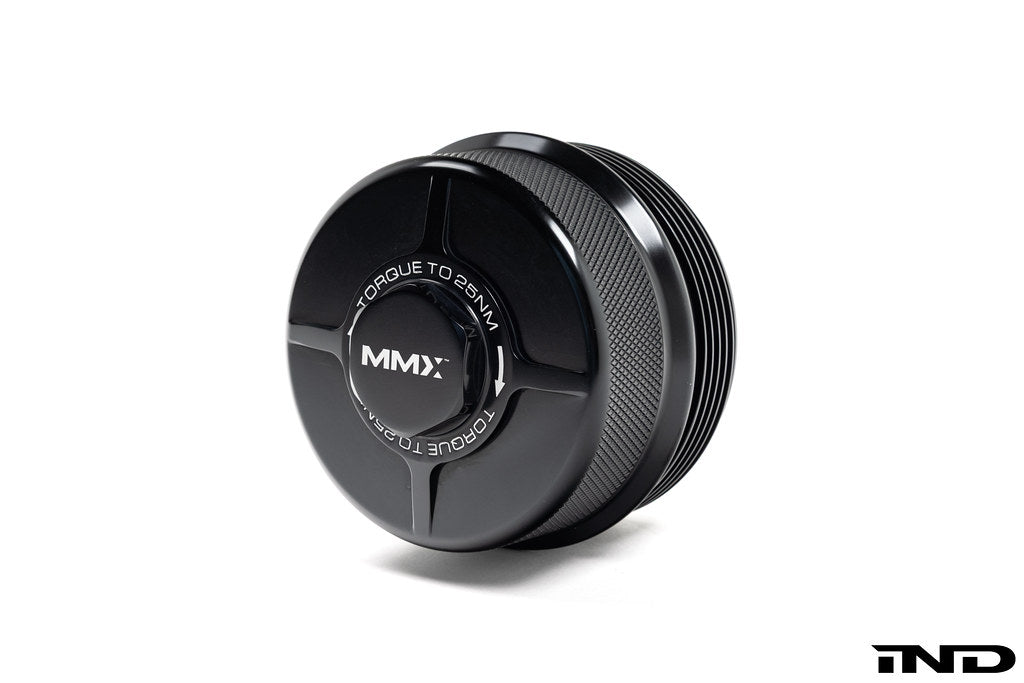 MMX Performance black anodized billet oil filter housing cap for BMW N20, N55, S55 engines, exterior view on white background