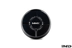 MMX Performance black anodized billet oil filter housing cap for BMW N20, N55, S55 engines on white background.