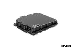 Black anodized aluminum BMW DCT oil pan by MMX Performance, designed for high-performance transmission oil containment.