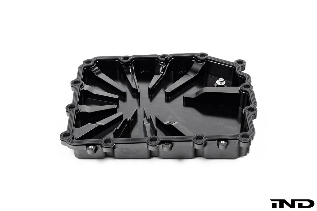 Black anodized billet aluminum BMW DCT oil pan by MMX Performance, designed for high-performance transmission oil containment.