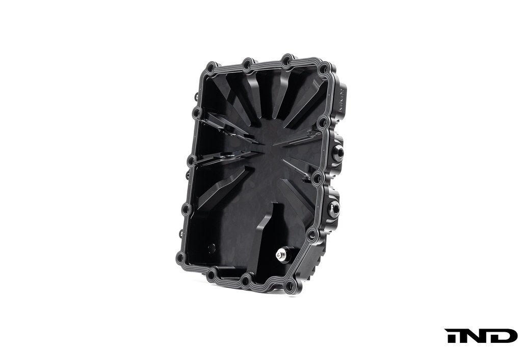 Black anodized billet aluminum BMW DCT oil pan by MMX Performance, designed for high-performance transmission cooling.