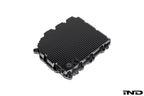 MMX Performance aluminum BMW DCT oil pan with black anodized finish, billet construction, designed for high-performance transmission cooling.