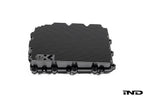 Black anodized aluminum BMW DCT oil pan by MMX Performance, designed for high-performance DCT transmissions.