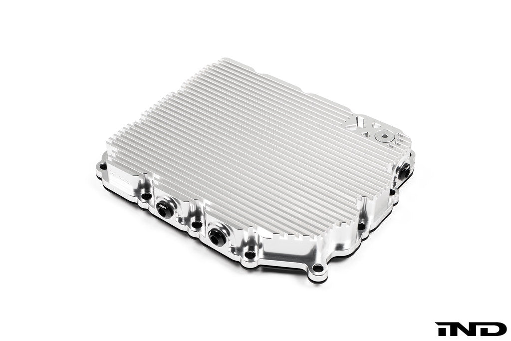 MMX Performance aluminum BMW DCT oil pan with clear anodized finish, designed for high-performance transmission cooling.