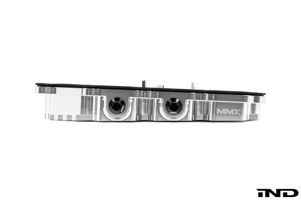 MMX Performance aluminum BMW DCT oil pan with clear anodized finish, billet construction, designed for high-performance DCT transmission.
