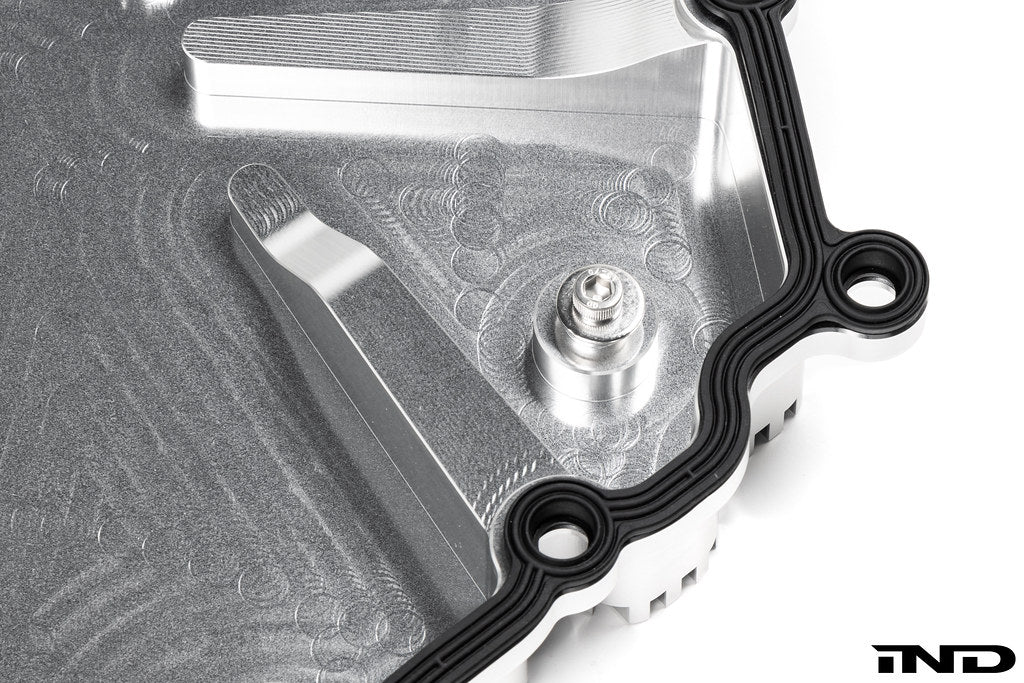 MMX Performance aluminum BMW DCT oil pan with clear anodized finish, designed for performance transmission cooling.