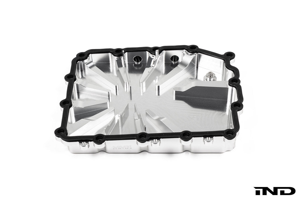 MMX Performance aluminum BMW DCT oil pan with clear anodized finish, lightweight billet design on white background.