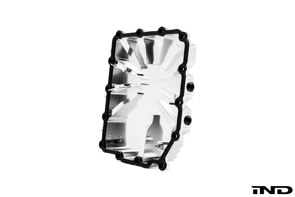 MMX Performance aluminum BMW DCT oil pan with clear anodized finish, designed for high-performance DCT transmissions.
