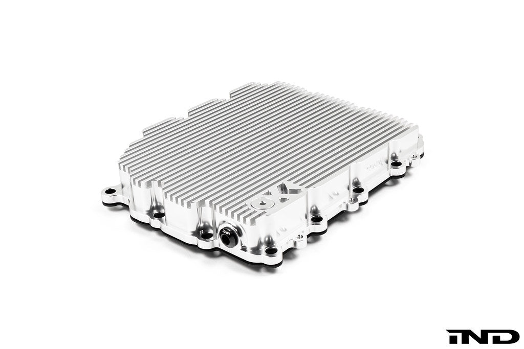 MMX Performance aluminum BMW DCT oil pan with clear anodized finish, lightweight billet design on white background.