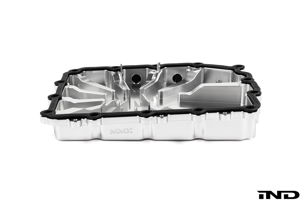MMX Performance aluminum BMW DCT oil pan with clear anodized finish, designed for high-performance transmission cooling.