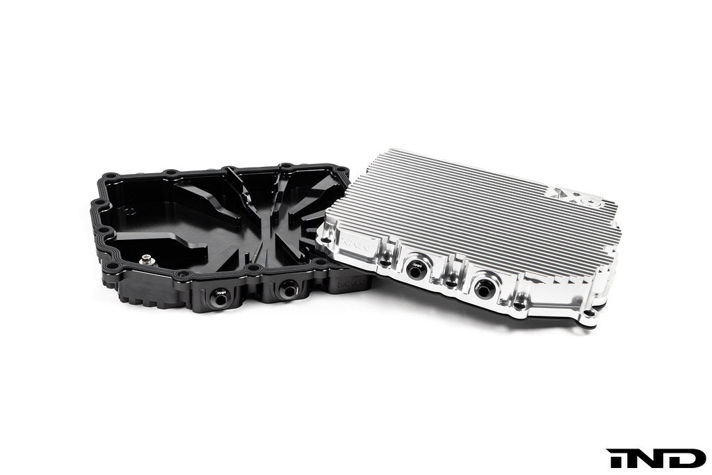 MMX Performance aluminum BMW DCT oil pan with clear anodized finish, billet design, for high-performance BMW vehicles.
