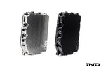 MMX Performance aluminum BMW DCT oil pan with clear anodized finish, billet design, on black background.