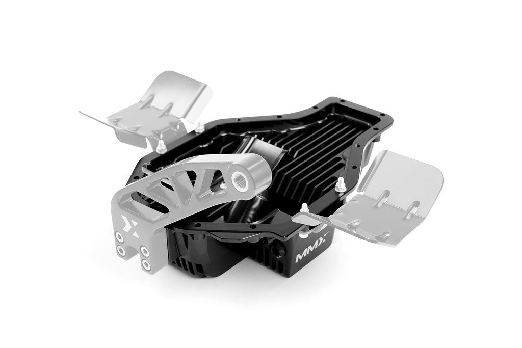 MMX high capacity baffled differential sump for BMW G8X M2 M3 M4 billet aluminum white background