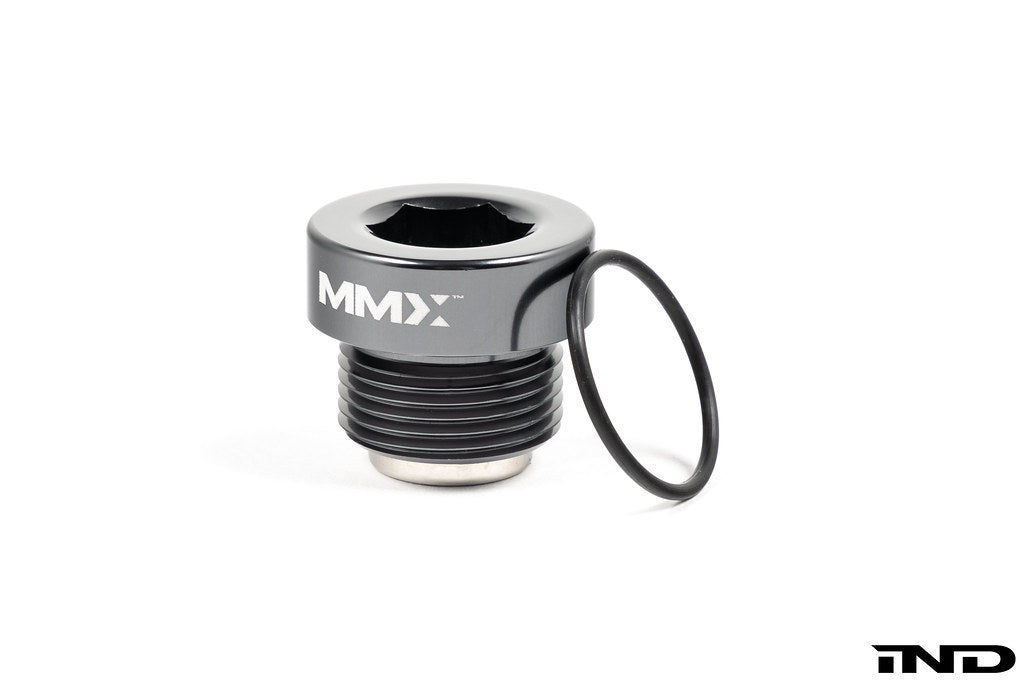 MMX Performance magnetic differential oil drain plug M22x1.5 for BMW, featuring a white background and durable metal construction.