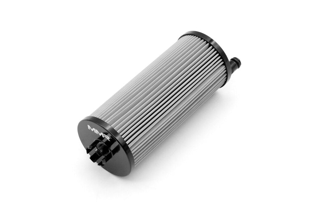 MMX Performance BMW S58 stainless steel oil filter for high-performance engine oil filtration.