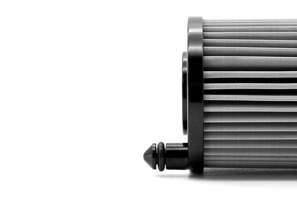 MMX Performance BMW S58 stainless steel oil filter for performance vehicles, shown in a close-up image.