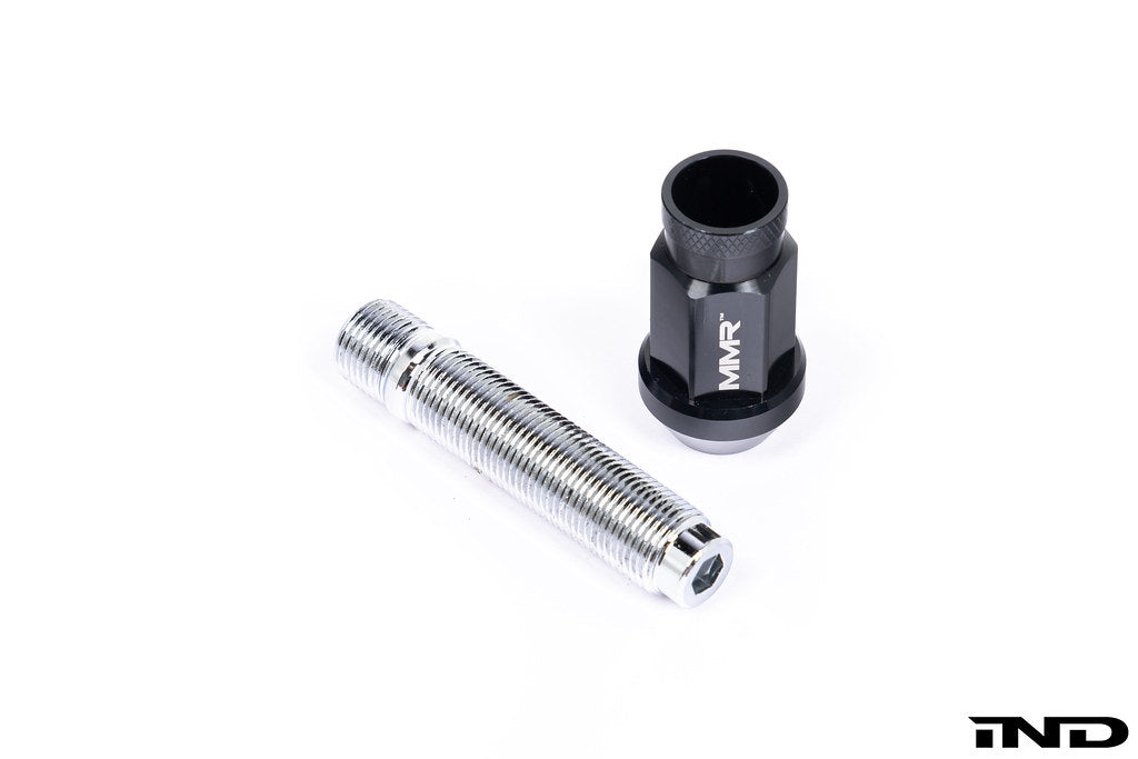 MMX Performance BMW wheel stud kit with M14x1.25 conical seat, white background, showing metal studs for vehicle wheels.