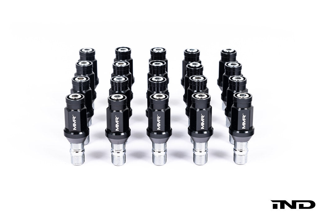 MMX Performance BMW wheel stud kit with M14x1.25 conical seat, shown on white background for automotive wheel installation.
