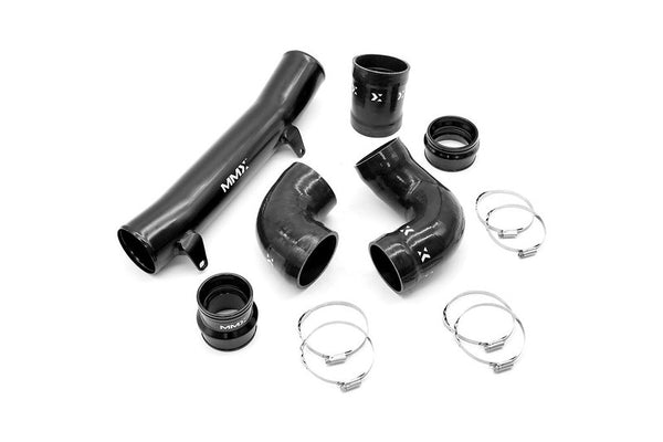 MMX Performance G8X S58 aluminum intake pipe set on a white background featuring constant-diameter intake pipes, gloss black silicone couplers, and hardware for BMW G8X M2, M3, and M4 models.