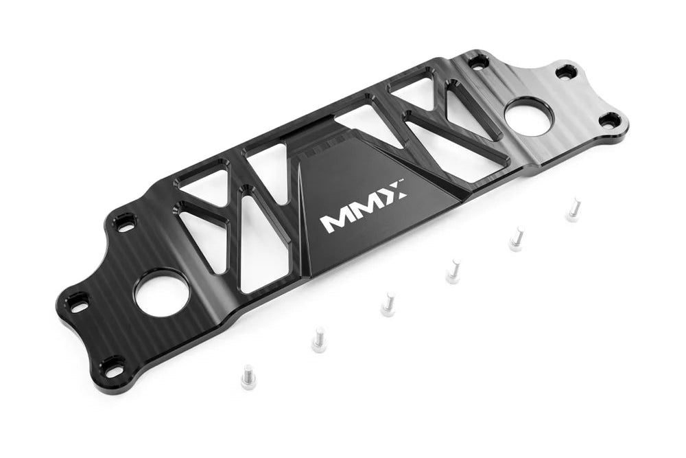MMX Performance BMW G87 M2 Underbody Chassis Brace on a white background, precision CNC machined from billet 6061-T6 aluminum to provide additional exhaust clearance, increased chassis rigidity, and direct OEM-fit installation.