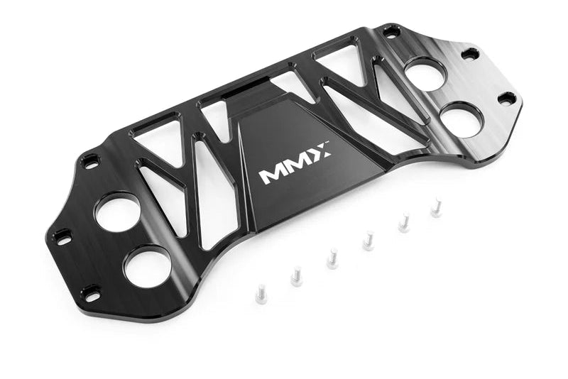 MMX Performance BMW G8X M3 and M4 billet 6061-T6 aluminum underbody chassis brace on a white background, designed to increase exhaust clearance and improve chassis rigidity for G80, G81, G82, and G83 models.