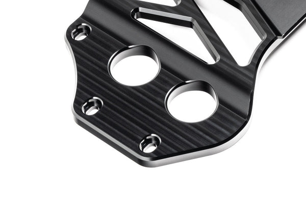 Close-up of the MMX Performance BMW G8X M3 and M4 Underbody Chassis Brace on a white background, highlighting the precision CNC machining, billet 6061-T6 aluminum construction, and premium engineering details.