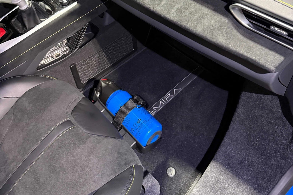 OEMExtinguishers Universal Floor Mount Kit with flat ends, designed for interior fire extinguisher installation, shown with mounted extinguisher.