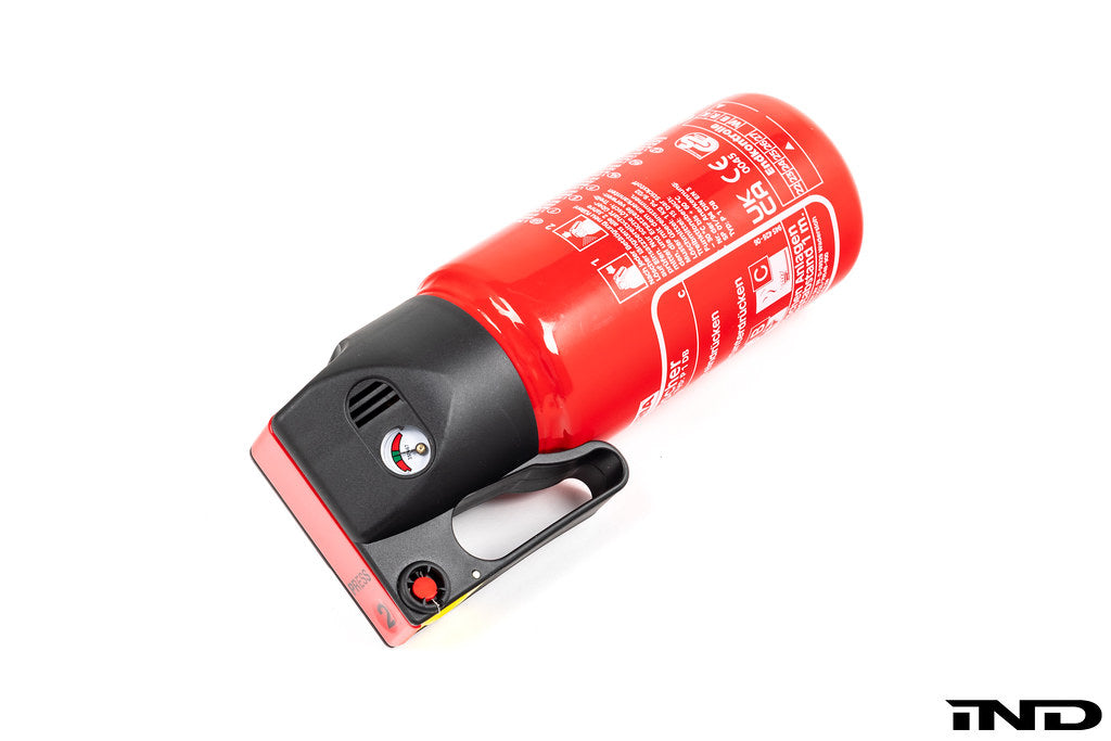 OEMExtinguishers universal floor mount kit with flat ends for interior fire extinguisher installation, shown mounted on a vehicle.