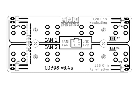CANchecked CBD08 CAN Bus distribution module for vehicle interiors, shown on a circuit board with electronic components.