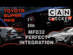 CANchecked Supra MK5 MFD32 Gen2 display installed in dashboard showing real time ECU data and CAN bus gauges