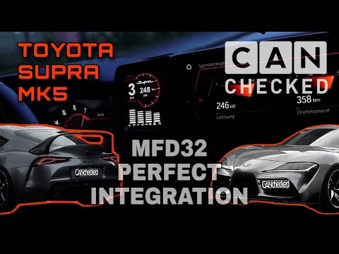 CANchecked Supra MK5 MFD32 Gen2 display installed in dashboard showing real time ECU data and CAN bus gauges