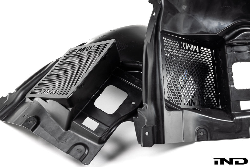 RKP G8X M2 M3 M4 enhanced clearance front liner set for exterior wheel arch protection on white background.