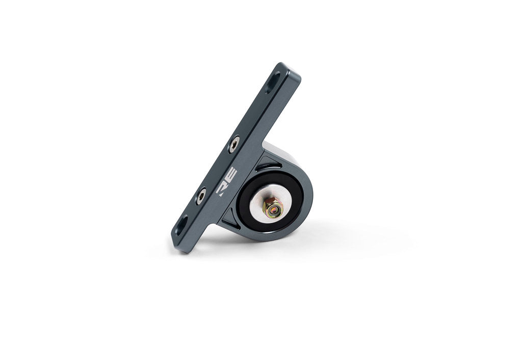 Rogue Engineering rear exhaust muffler hanger for BMW E36, E46, and E9X models, white metal with mounting hardware.