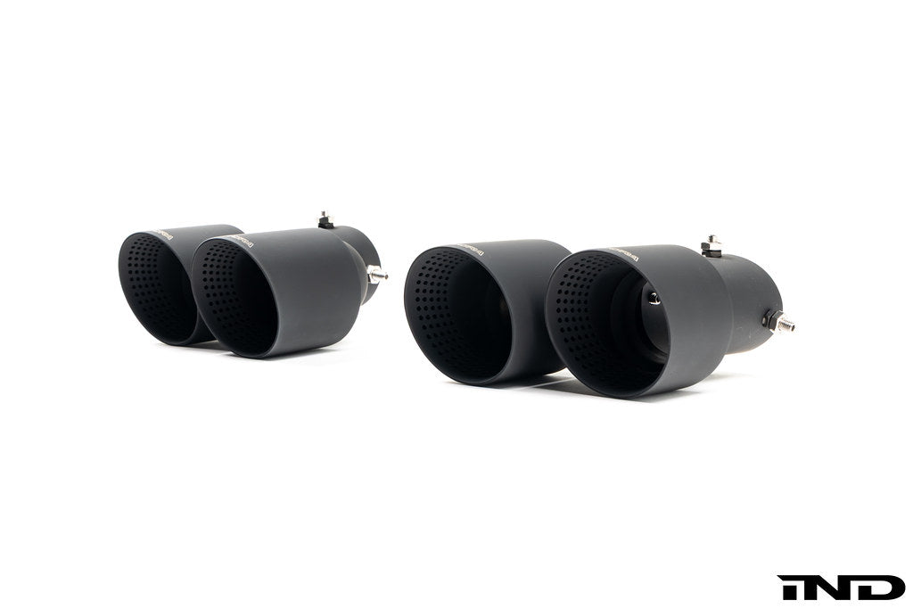 TREVORA G42 G2X 3 and 4 Series Cerakote Black exhaust tips set on a white background, exterior automotive accessory.