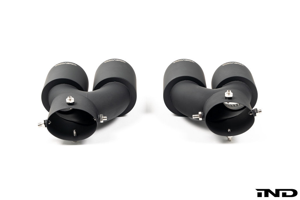 TREVORA G42 / G2X 3 and 4 Series Cerakote Black Exhaust Tip Set on white background, exterior car exhaust accessories